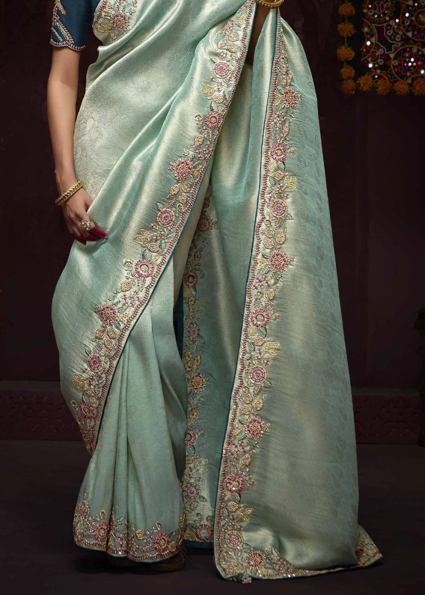Shades Of Blue Kanjivaram Silk Saree with Intricate Zari, Khatli, Sequin & Pearl Embroidery - House of Sarvati LLC