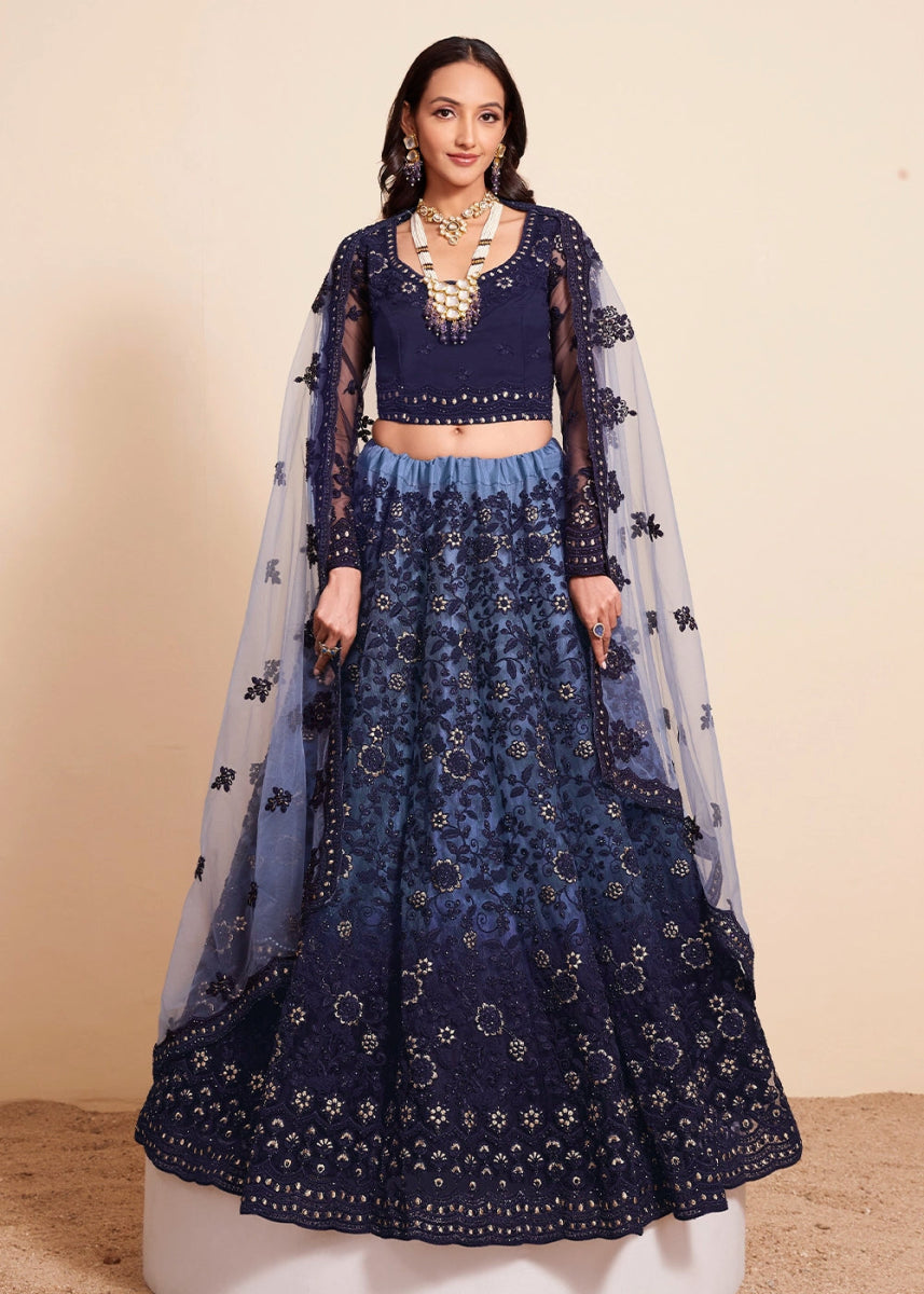 Shades Of Blue Net Lehenga Choli with Handcrafted Floral Thread Embroidery - House of Sarvati LLC