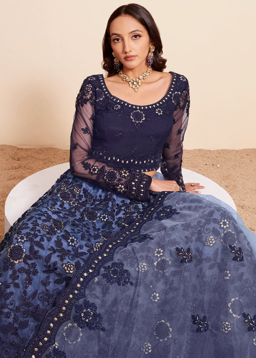 Shades Of Blue Net Lehenga Choli with Handcrafted Floral Thread Embroidery - House of Sarvati LLC