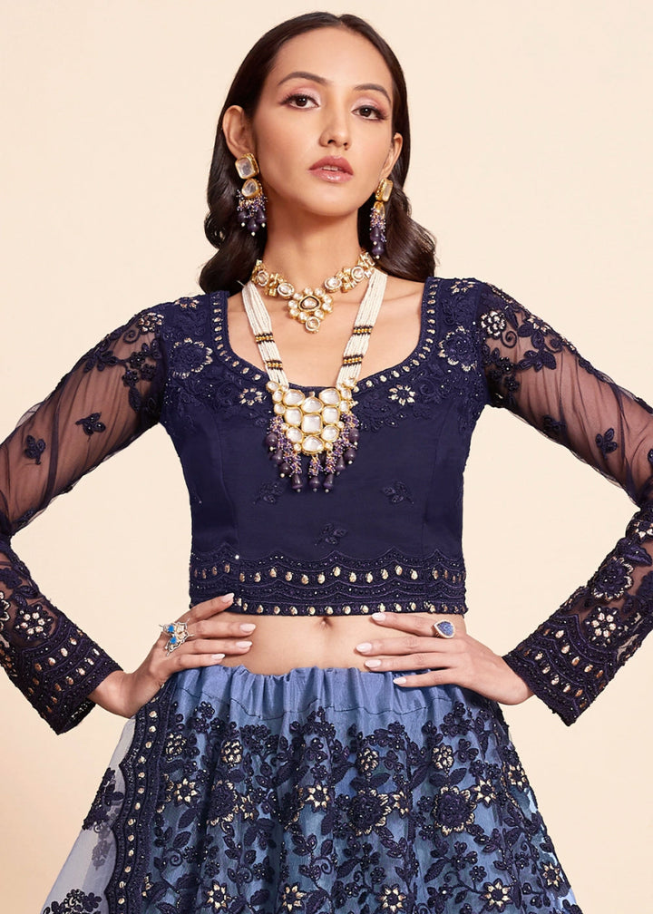 Shades Of Blue Net Lehenga Choli with Handcrafted Floral Thread Embroidery - House of Sarvati LLC