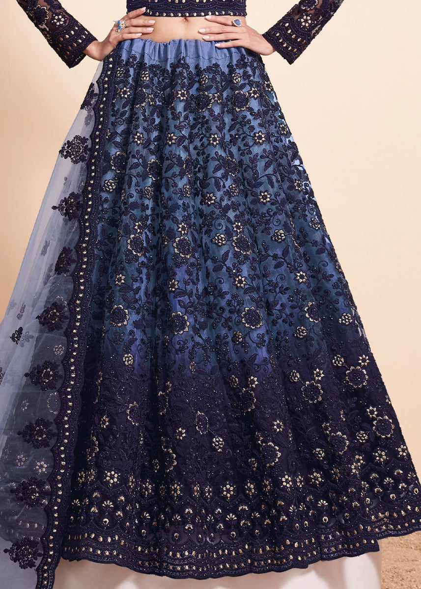 Shades Of Blue Net Lehenga Choli with Handcrafted Floral Thread Embroidery - House of Sarvati LLC