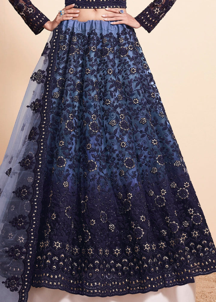 Shades Of Blue Net Lehenga Choli with Handcrafted Floral Thread Embroidery - House of Sarvati LLC