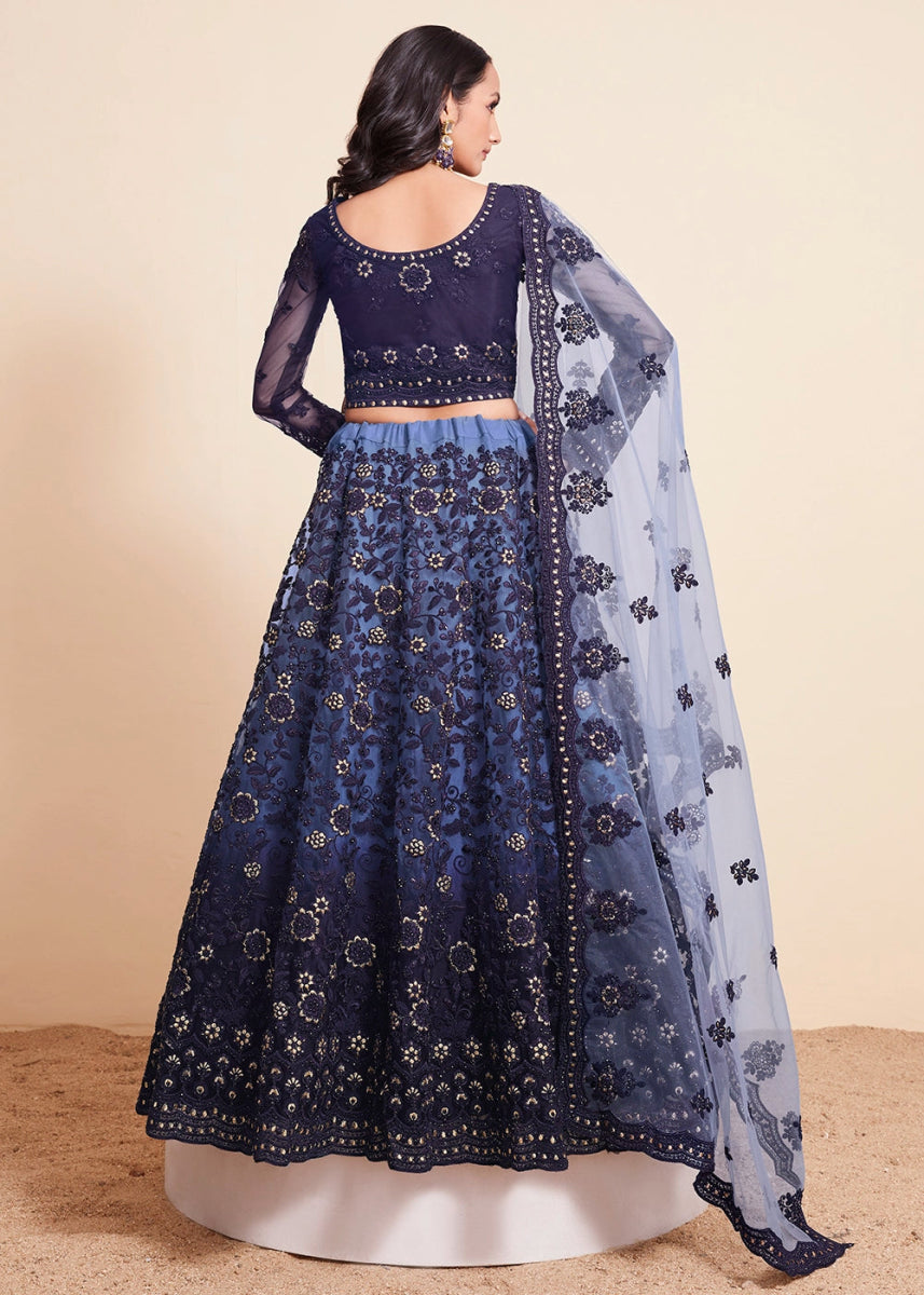 Shades Of Blue Net Lehenga Choli with Handcrafted Floral Thread Embroidery - House of Sarvati LLC