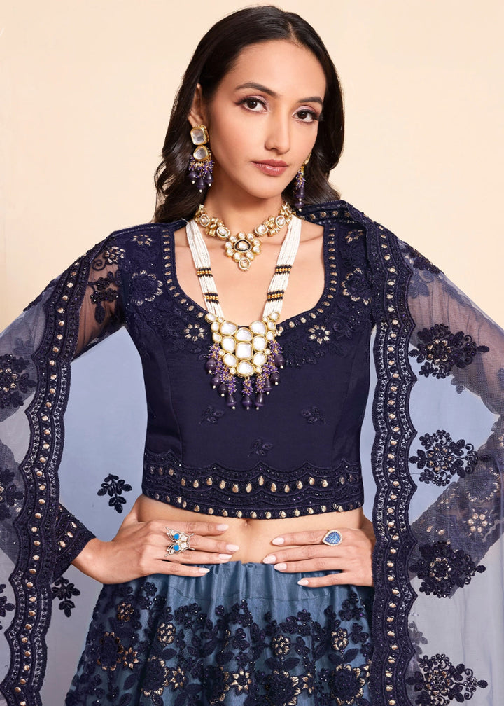 Shades Of Blue Net Lehenga Choli with Handcrafted Floral Thread Embroidery - House of Sarvati LLC