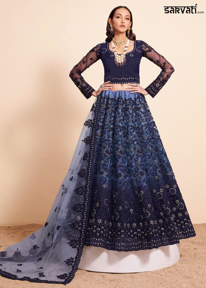 Shades Of Blue Net Lehenga Choli with Handcrafted Floral Thread Embroidery - House of Sarvati LLC