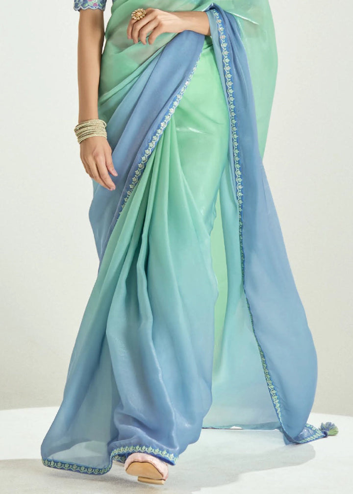 Shades Of Blue Organza Tissue Saree Paired with Embroidered Blouse - House of Sarvati LLC