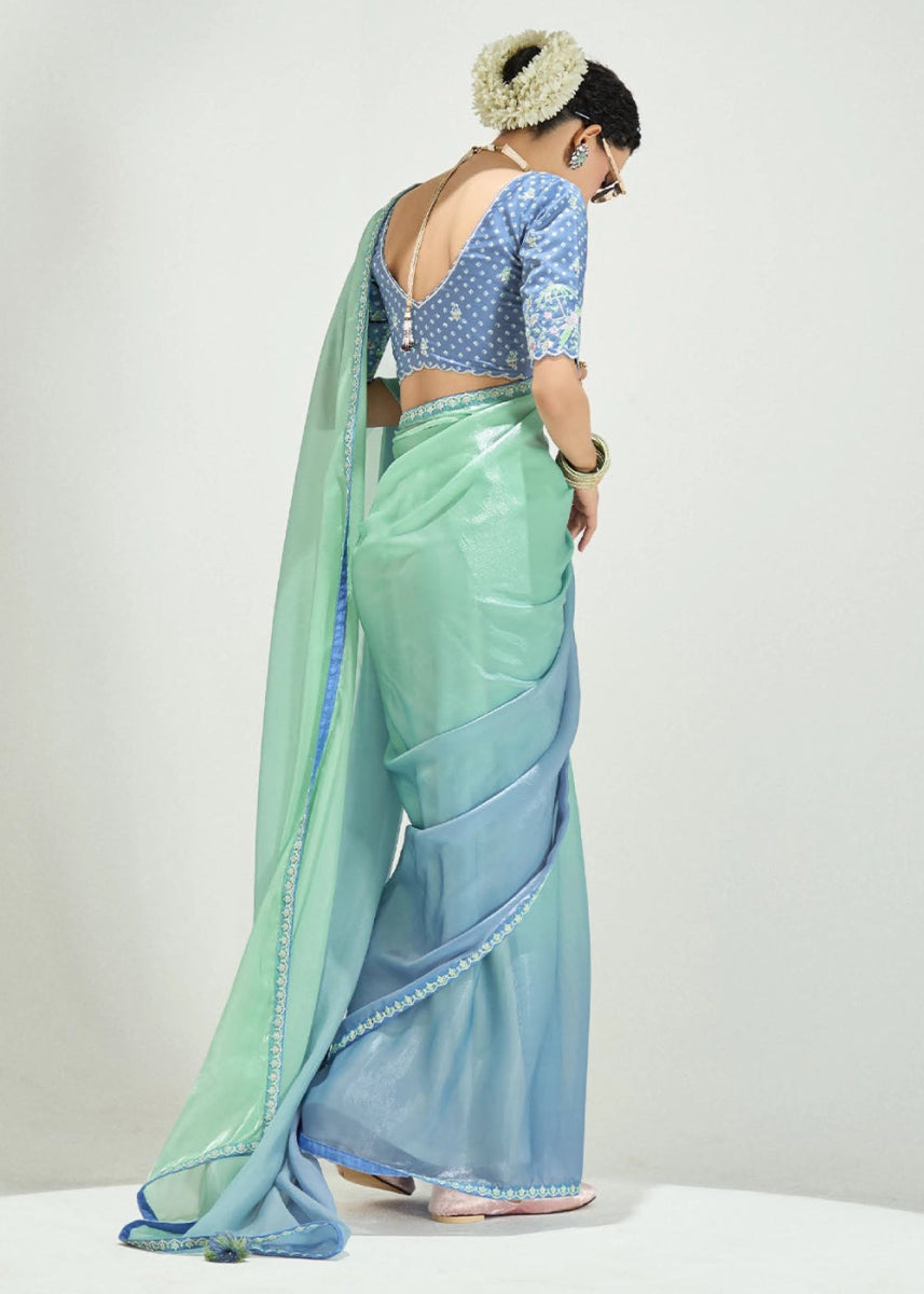 Shades Of Blue Organza Tissue Saree Paired with Embroidered Blouse - House of Sarvati LLC