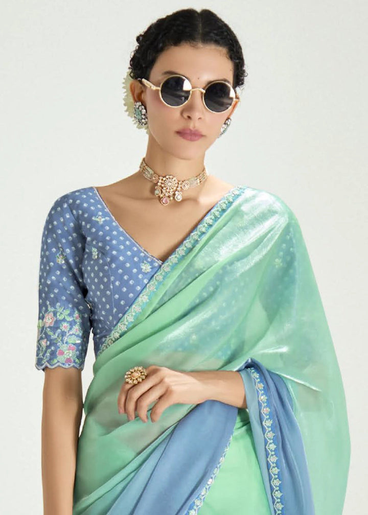 Shades Of Blue Organza Tissue Saree Paired with Embroidered Blouse - House of Sarvati LLC