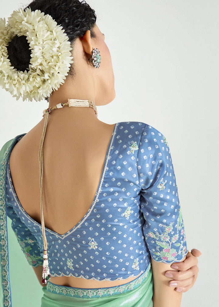Shades Of Blue Organza Tissue Saree Paired with Embroidered Blouse - House of Sarvati LLC