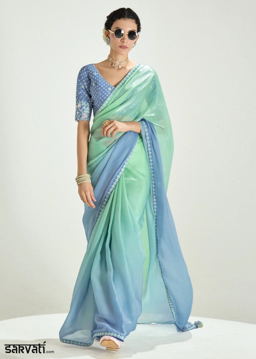 Shades Of Blue Organza Tissue Saree Paired with Embroidered Blouse - House of Sarvati LLC