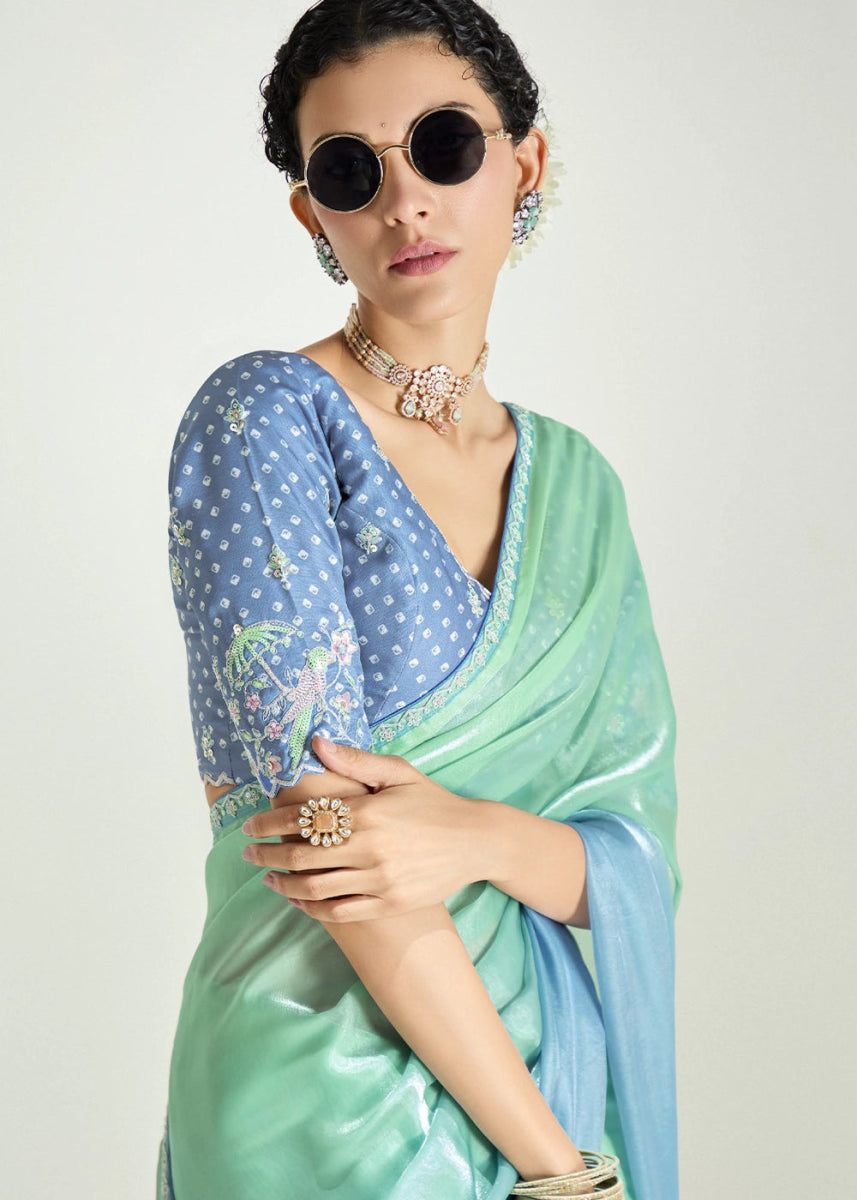 Shades Of Blue Organza Tissue Saree Paired with Embroidered Blouse - House of Sarvati LLC