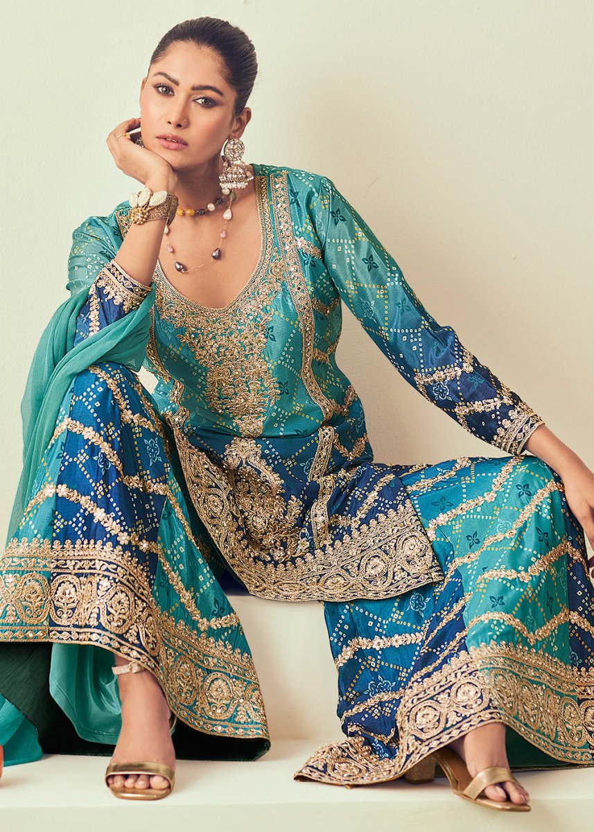 Shades Of Blue Palazzo Suit with Chinon Silk, Mirror & Jarkan Embellishments - House of Sarvati LLC