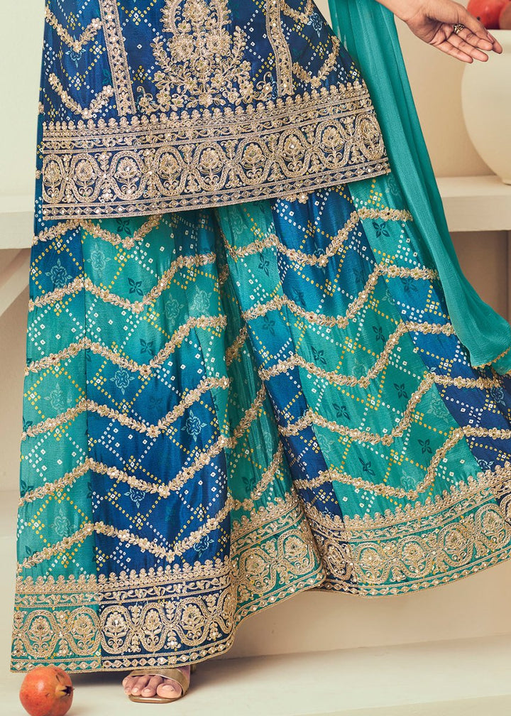 Shades Of Blue Palazzo Suit with Chinon Silk, Mirror & Jarkan Embellishments - House of Sarvati LLC