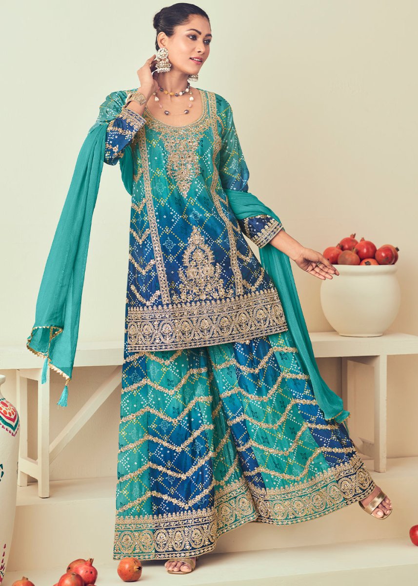 Shades Of Blue Palazzo Suit with Chinon Silk, Mirror & Jarkan Embellishments - House of Sarvati LLC
