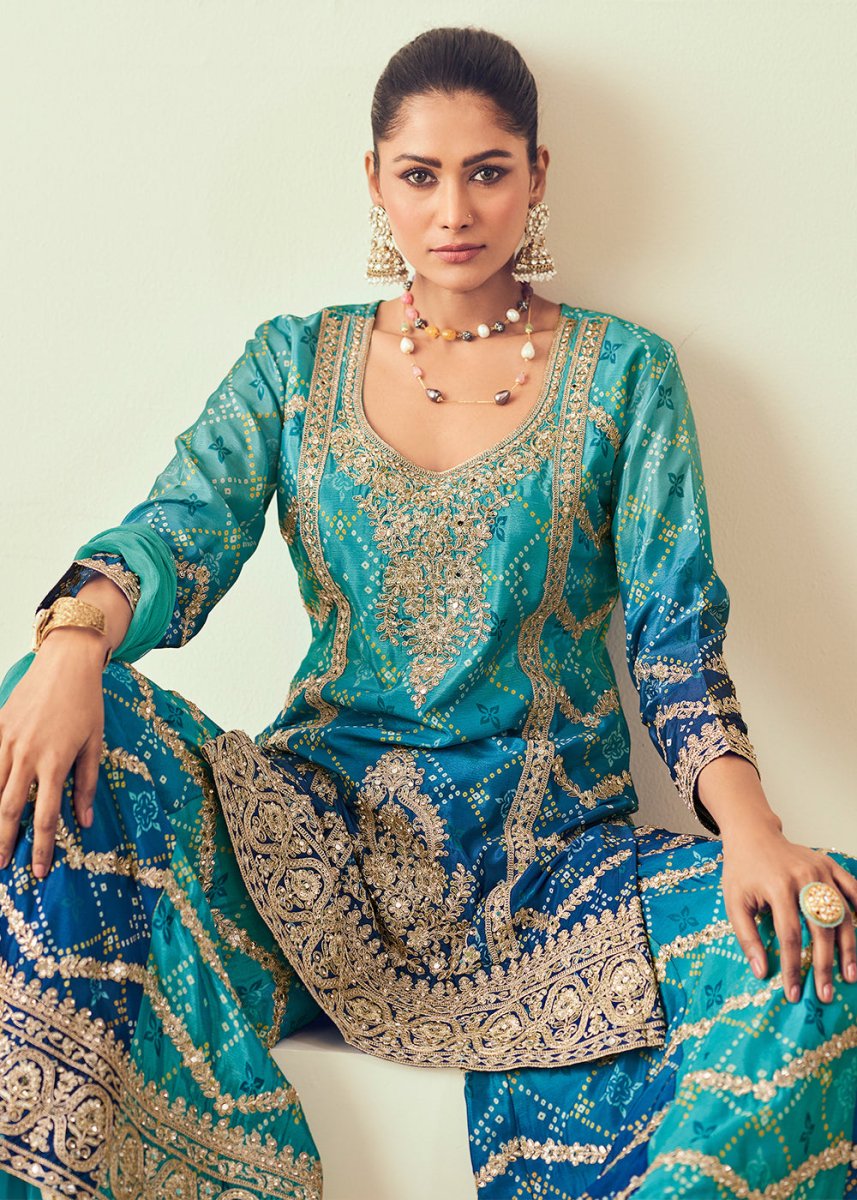 Shades Of Blue Palazzo Suit with Chinon Silk, Mirror & Jarkan Embellishments - House of Sarvati LLC