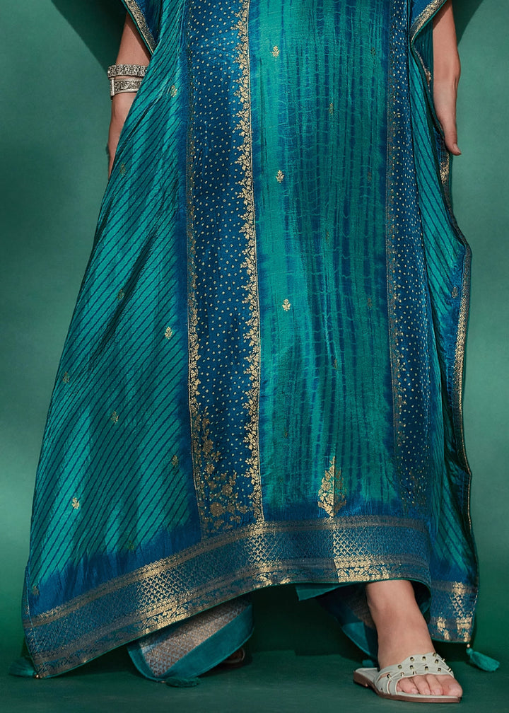 Shades Of Blue Printed Bandhani Viscose Silk Kaftan Set with Handcrafted Details - House of Sarvati LLC