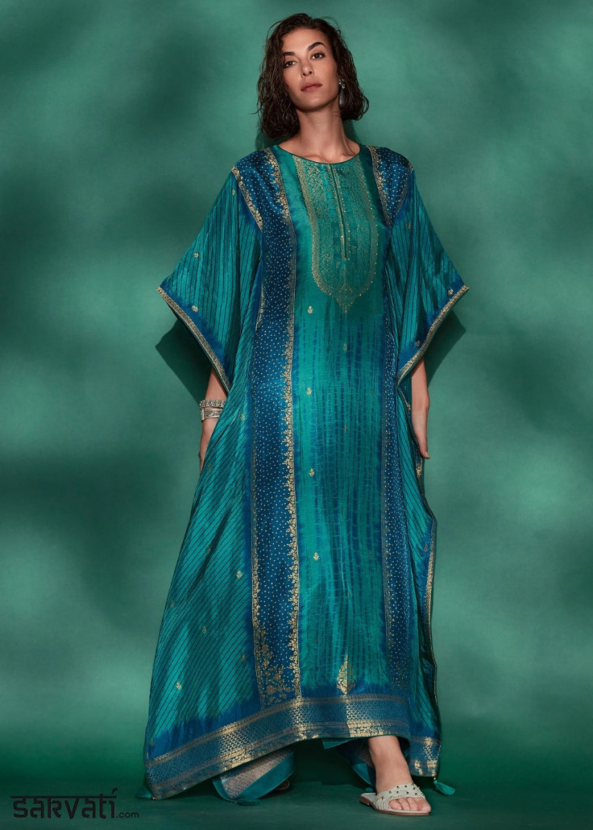 Shades Of Blue Printed Bandhani Viscose Silk Kaftan Set with Handcrafted Details - House of Sarvati LLC