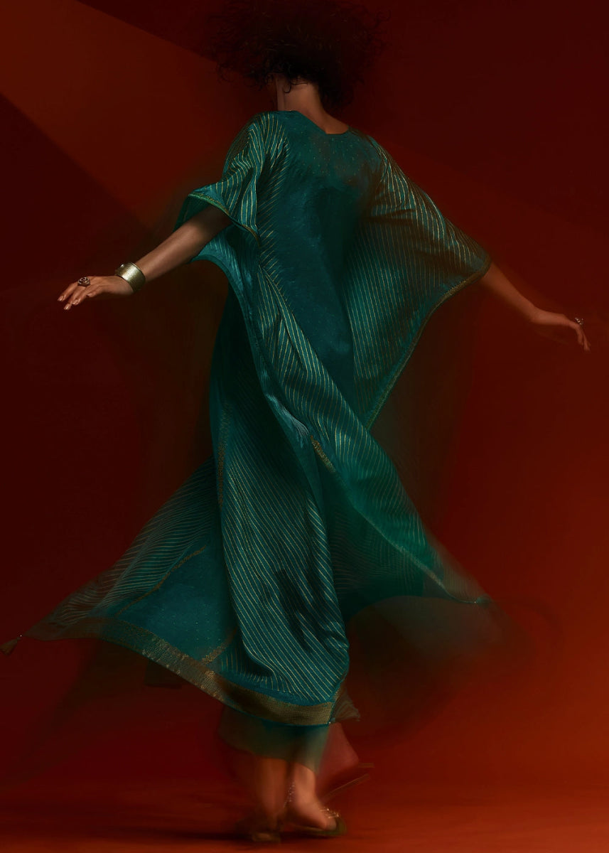 Shades Of Blue Printed Bandhani Viscose Silk Kaftan Set with Handcrafted Details - House of Sarvati LLC