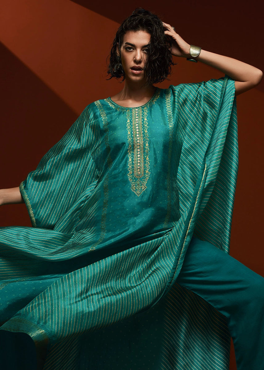 Shades Of Blue Printed Bandhani Viscose Silk Kaftan Set with Handcrafted Details - House of Sarvati LLC