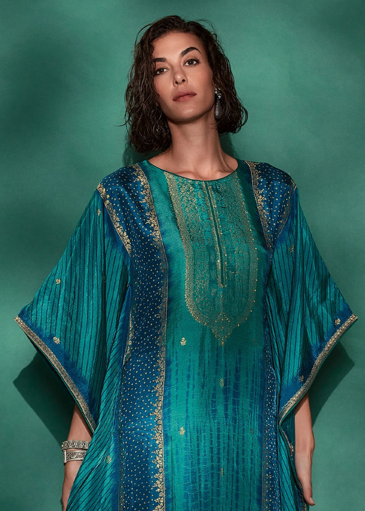 Shades Of Blue Printed Bandhani Viscose Silk Kaftan Set with Handcrafted Details - House of Sarvati LLC
