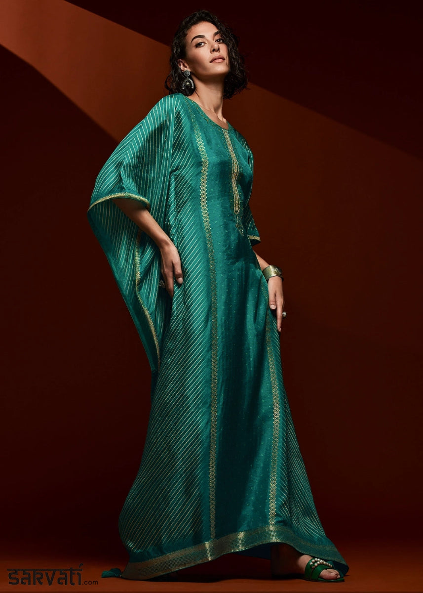 Shades Of Blue Printed Bandhani Viscose Silk Kaftan Set with Handcrafted Details - House of Sarvati LLC