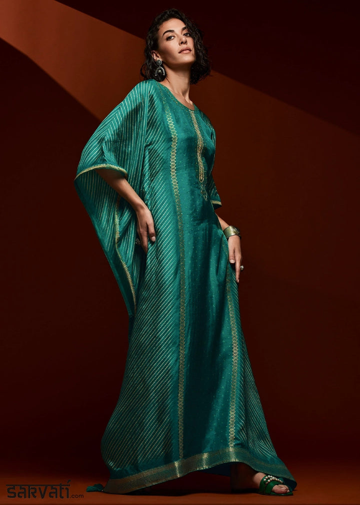 Shades Of Blue Printed Bandhani Viscose Silk Kaftan Set with Handcrafted Details - House of Sarvati LLC