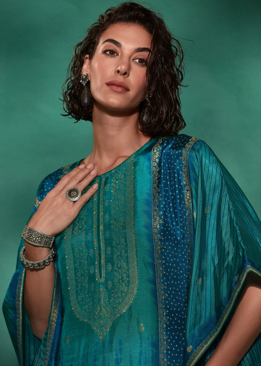 Shades Of Blue Printed Bandhani Viscose Silk Kaftan Set with Handcrafted Details - House of Sarvati LLC