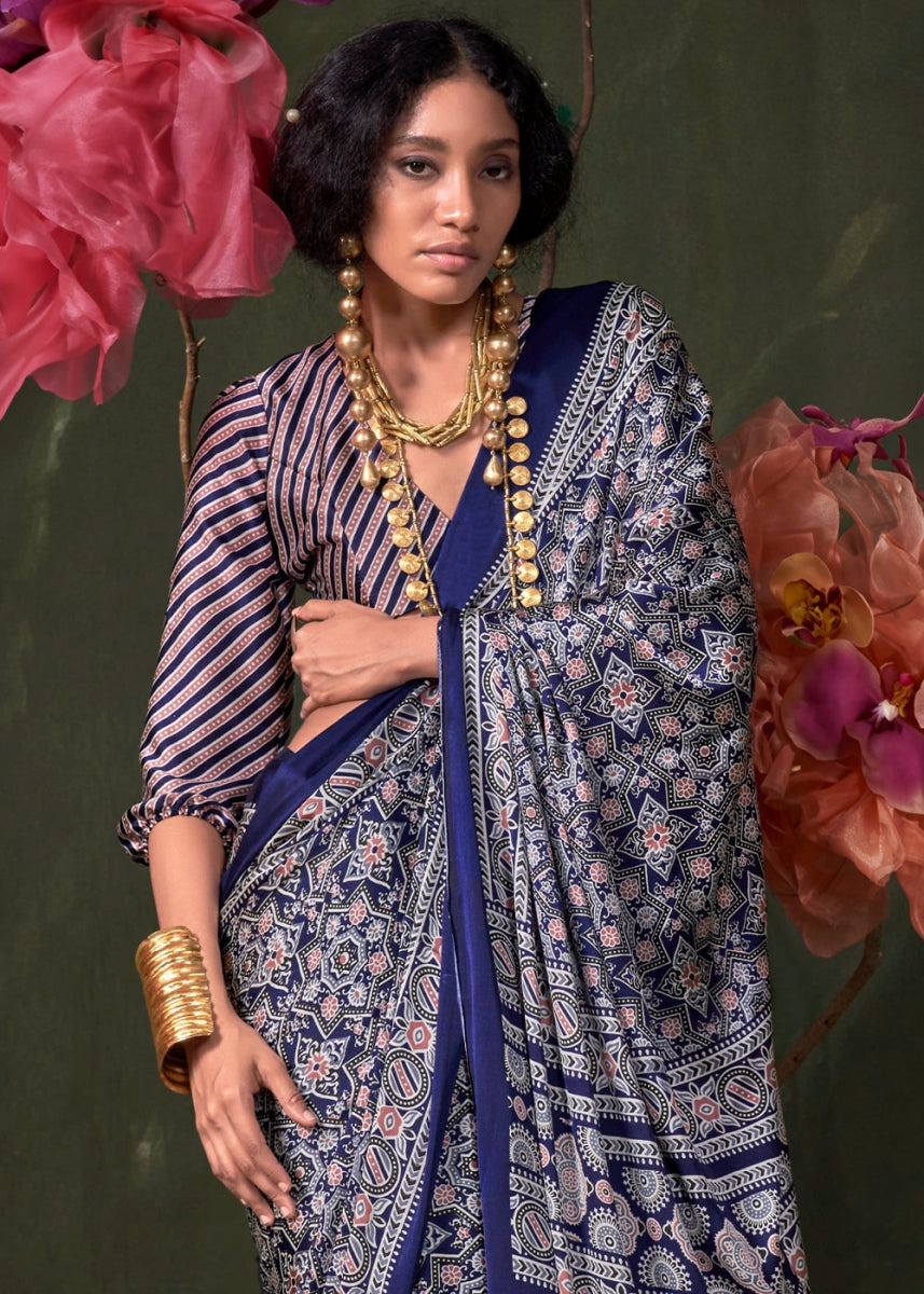 Shades Of Blue Satin Crepe Saree Featuring Rich Ajrakh Prints - House of Sarvati LLC