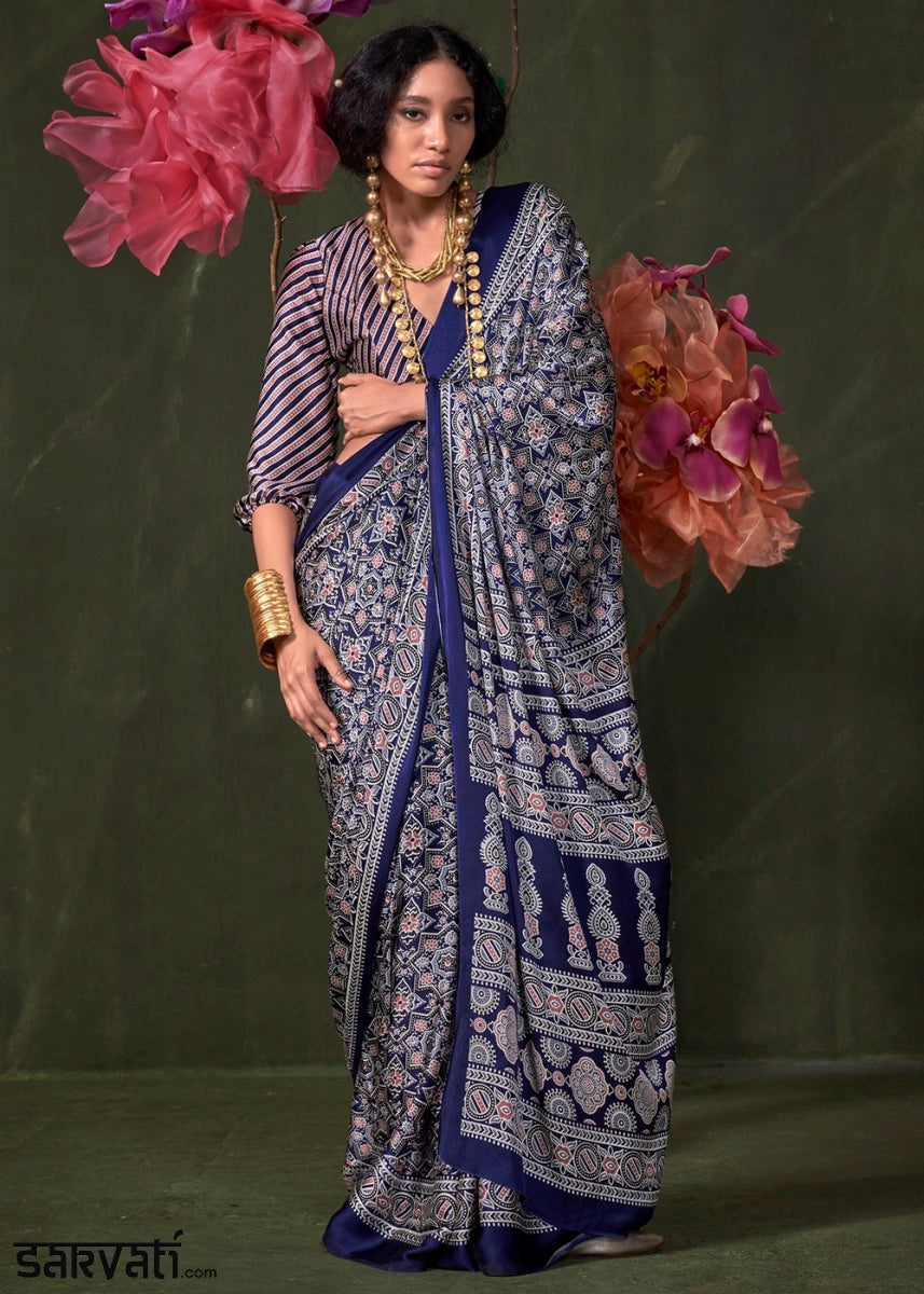 Shades Of Blue Satin Crepe Saree Featuring Rich Ajrakh Prints - House of Sarvati LLC