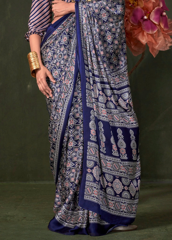 Shades Of Blue Satin Crepe Saree Featuring Rich Ajrakh Prints - House of Sarvati LLC