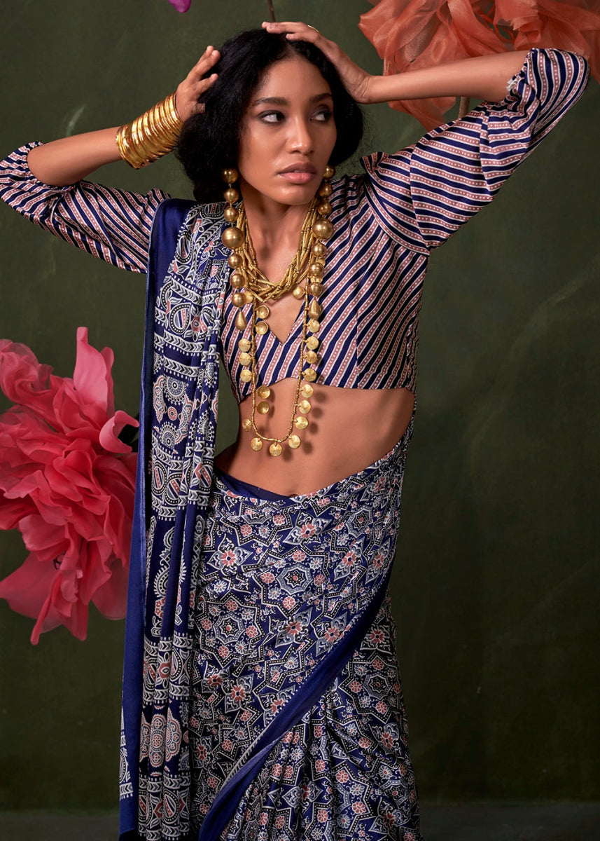 Shades Of Blue Satin Crepe Saree Featuring Rich Ajrakh Prints - House of Sarvati LLC