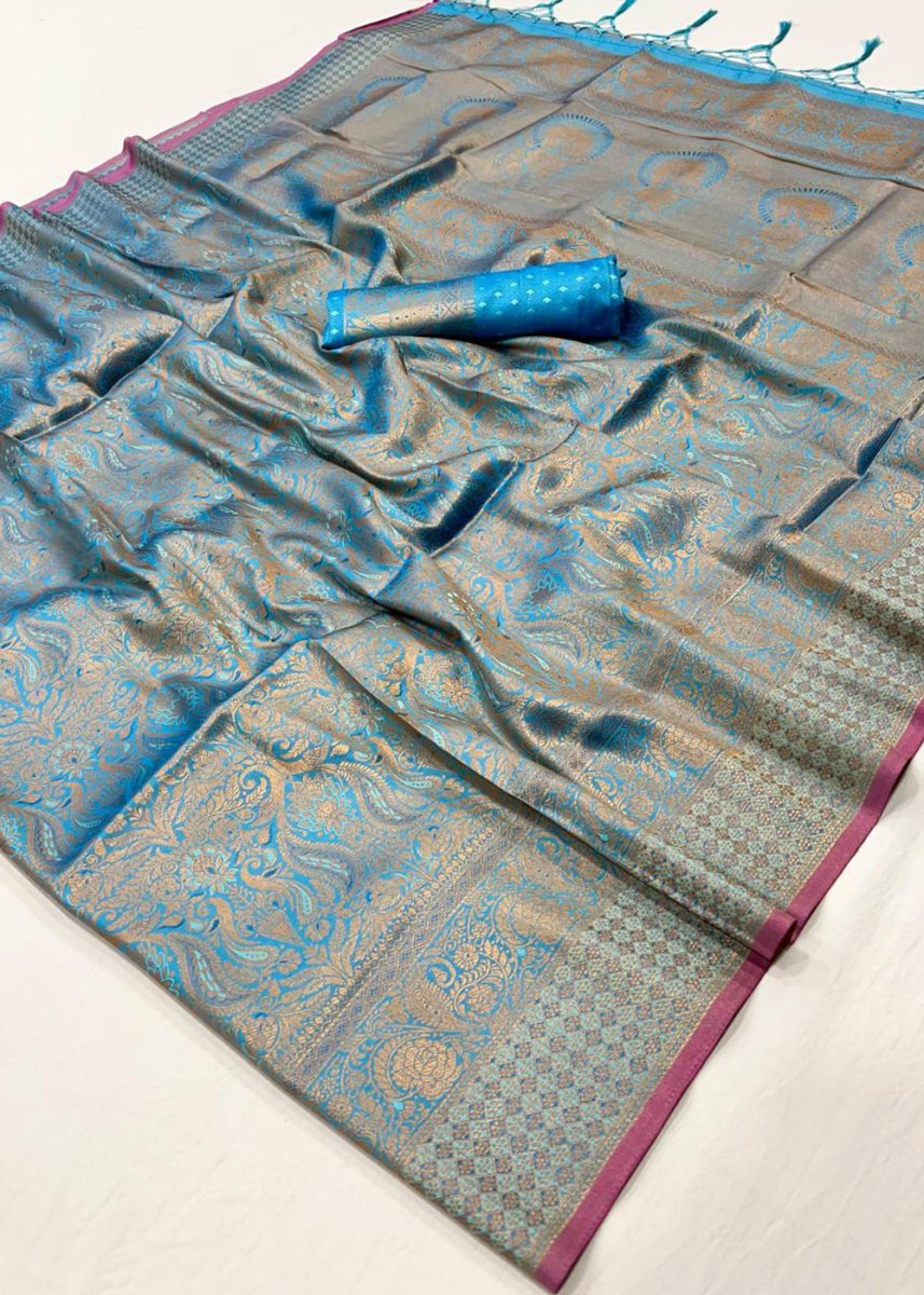 Shades Of Blue Silk Saree with Handloom Weaving and Gold Zari Accents - House of Sarvati LLC