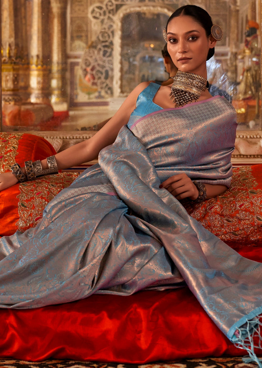 Shades Of Blue Silk Saree with Handloom Weaving and Gold Zari Accents - House of Sarvati LLC