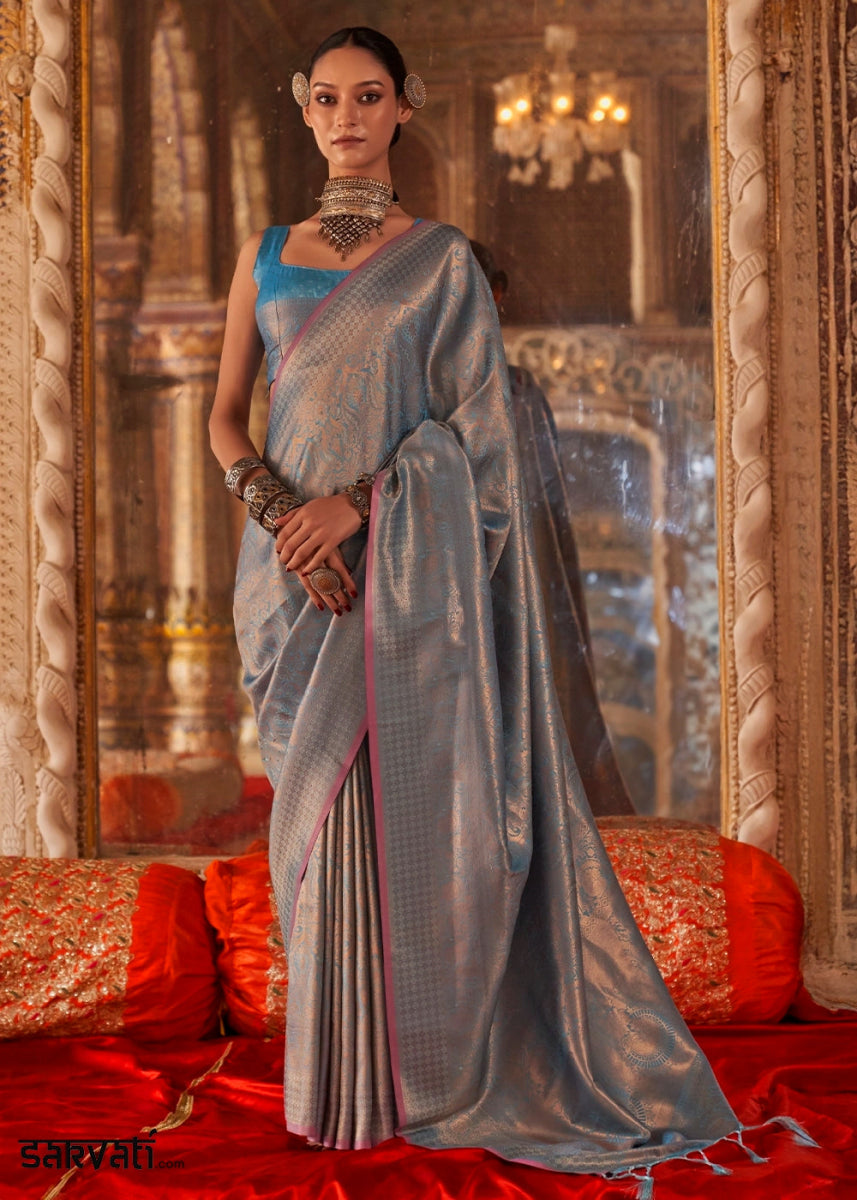 Shades Of Blue Silk Saree with Handloom Weaving and Gold Zari Accents - House of Sarvati LLC