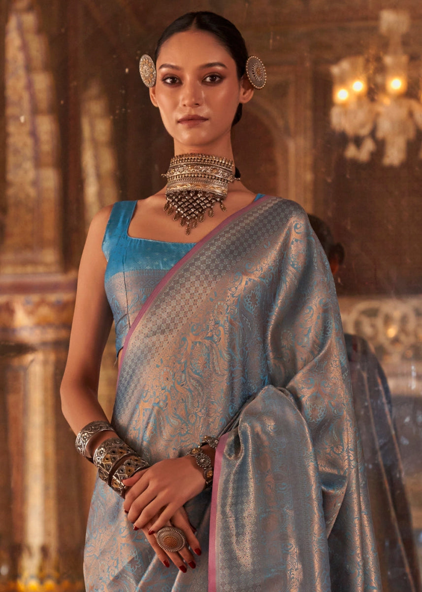 Shades Of Blue Silk Saree with Handloom Weaving and Gold Zari Accents - House of Sarvati LLC