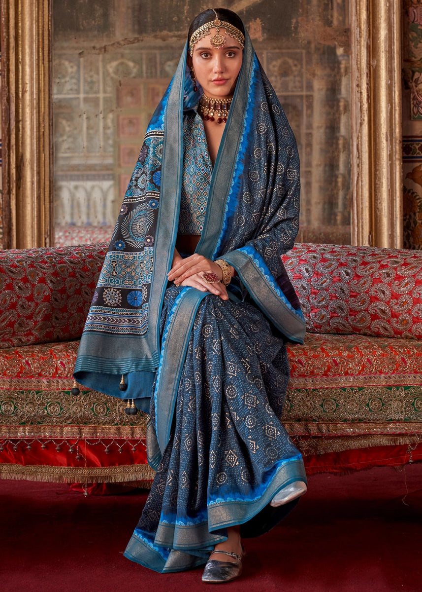 Shades of Blue Silk Saree with Printed Patterns - House of Sarvati LLC