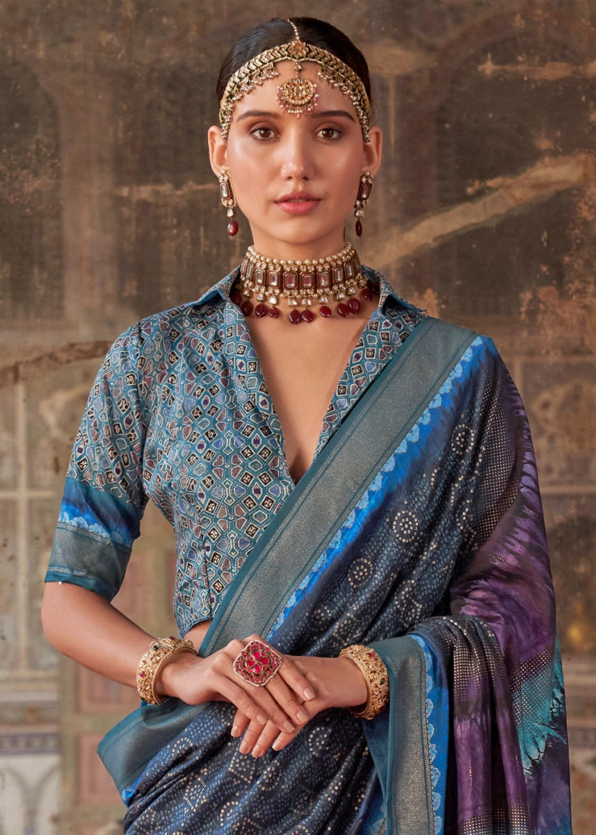 Shades of Blue Silk Saree with Printed Patterns - House of Sarvati LLC