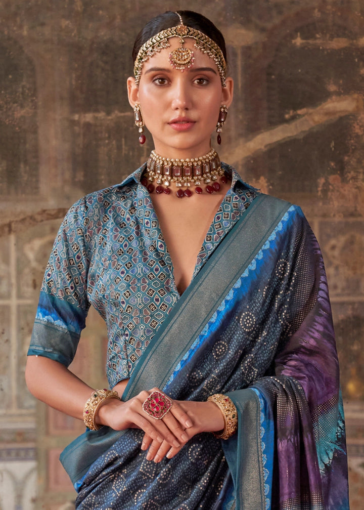 Shades of Blue Silk Saree with Printed Patterns - House of Sarvati LLC