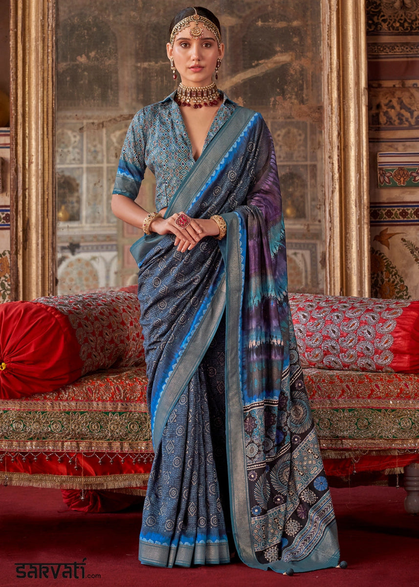Shades of Blue Silk Saree with Printed Patterns - House of Sarvati LLC