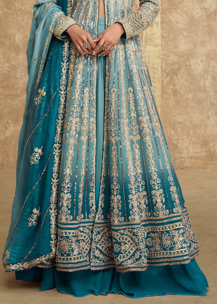 Shades Of Blue Skirt and Top in Georgette with Stylish Long Jacket - House of Sarvati LLC