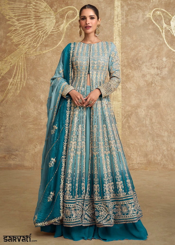 Shades Of Blue Skirt and Top in Georgette with Stylish Long Jacket - House of Sarvati LLC
