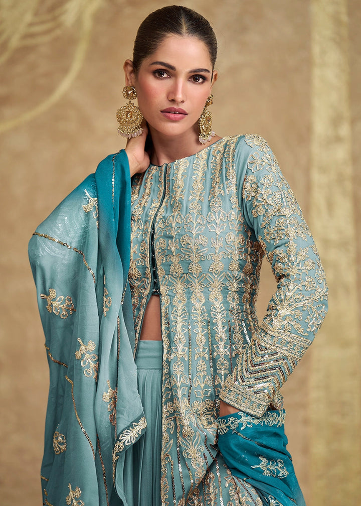 Shades Of Blue Skirt and Top in Georgette with Stylish Long Jacket - House of Sarvati LLC