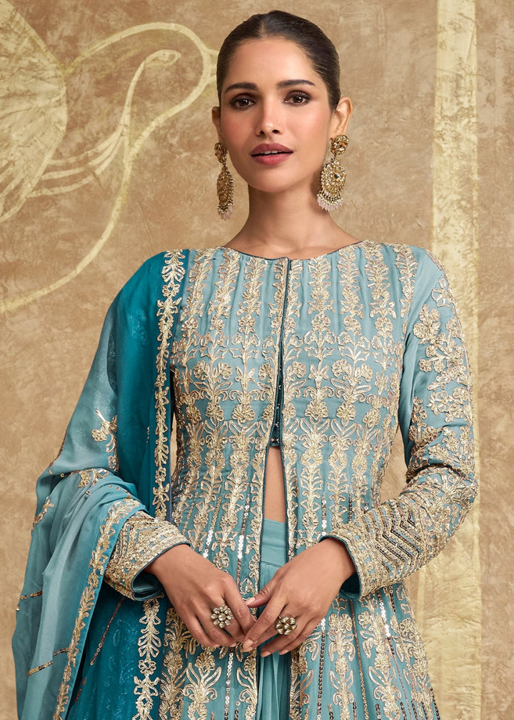 Shades Of Blue Skirt and Top in Georgette with Stylish Long Jacket - House of Sarvati LLC