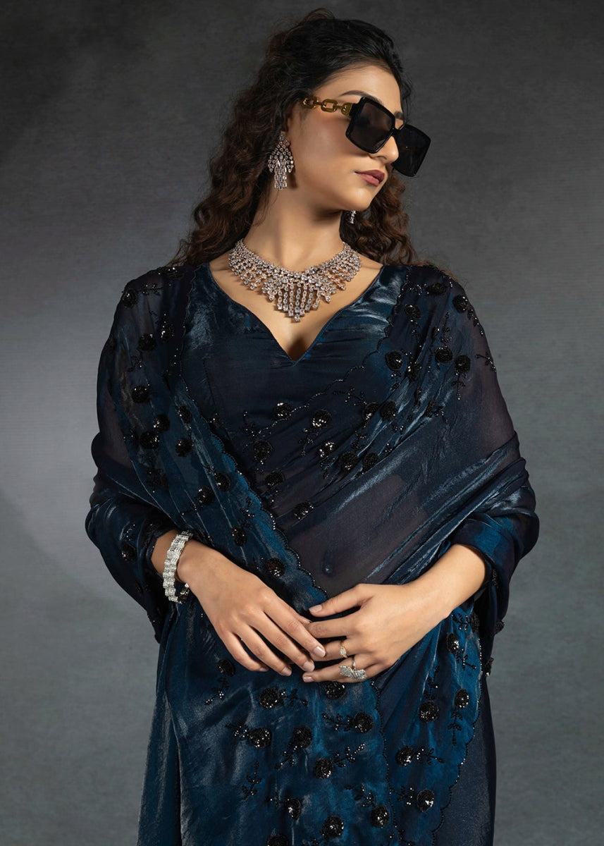 Shades Of Blue Two Tone Satin Silk Saree with Intricate Zarkan & cut work Border - House of Sarvati LLC