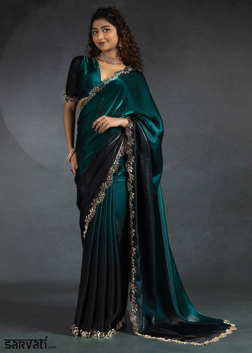 Shades Of Blue Two Tone Satin Silk Saree with Intricate Zarkan & cut work Border - House of Sarvati LLC
