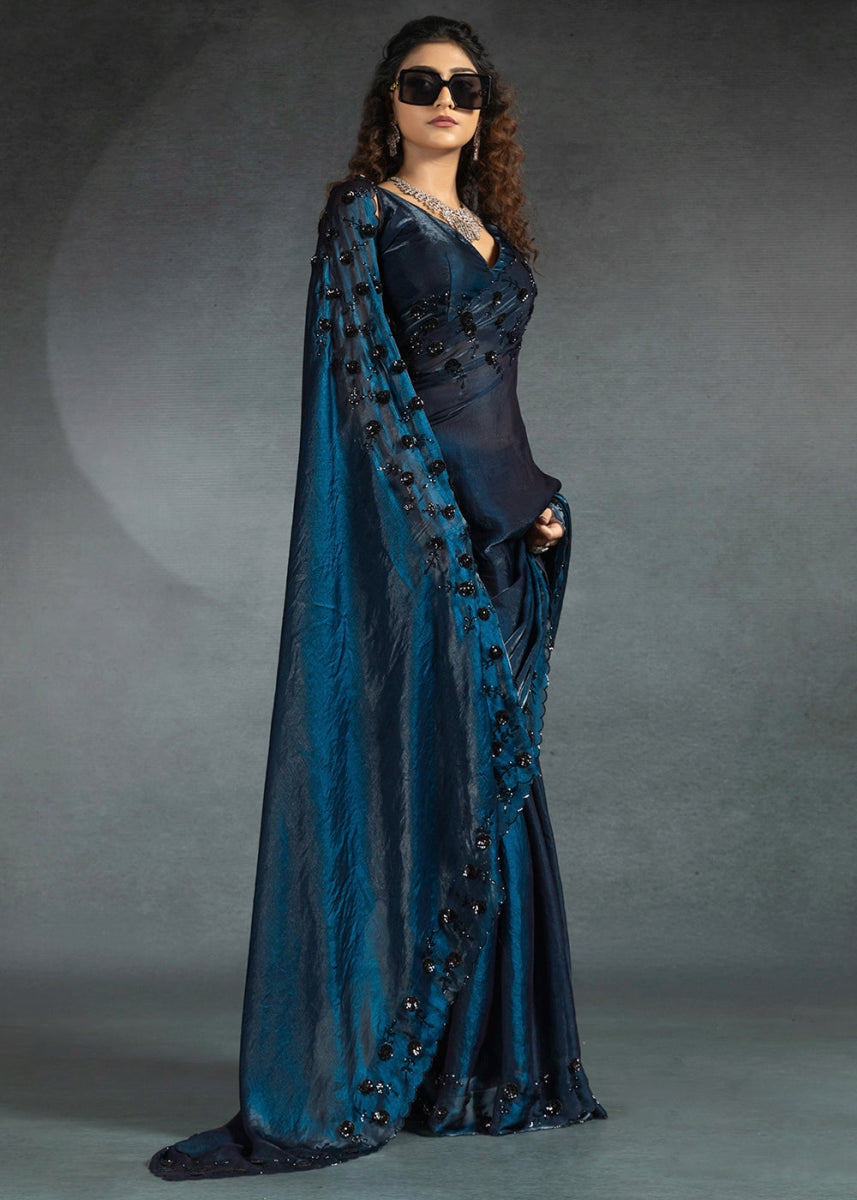 Shades Of Blue Two Tone Satin Silk Saree with Intricate Zarkan & cut work Border - House of Sarvati LLC