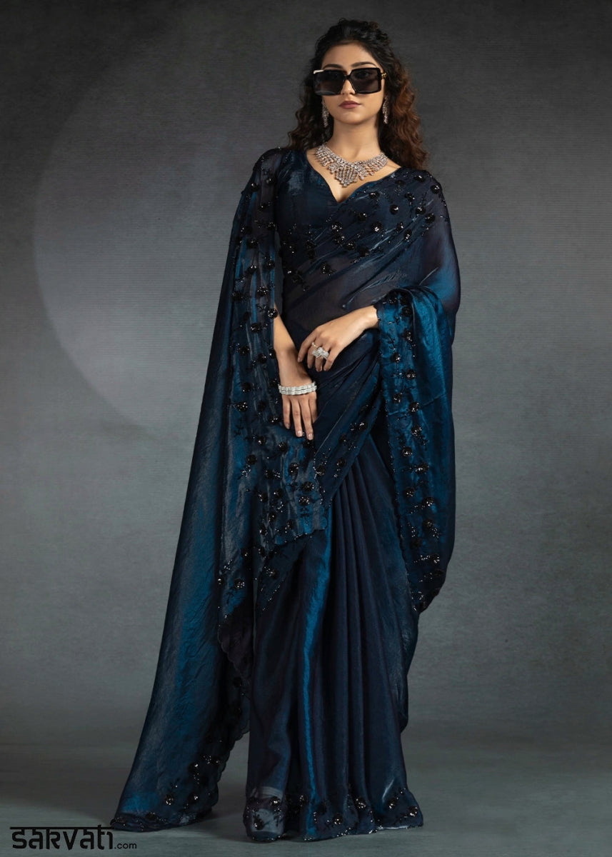 Shades Of Blue Two Tone Satin Silk Saree with Intricate Zarkan & cut work Border - House of Sarvati LLC