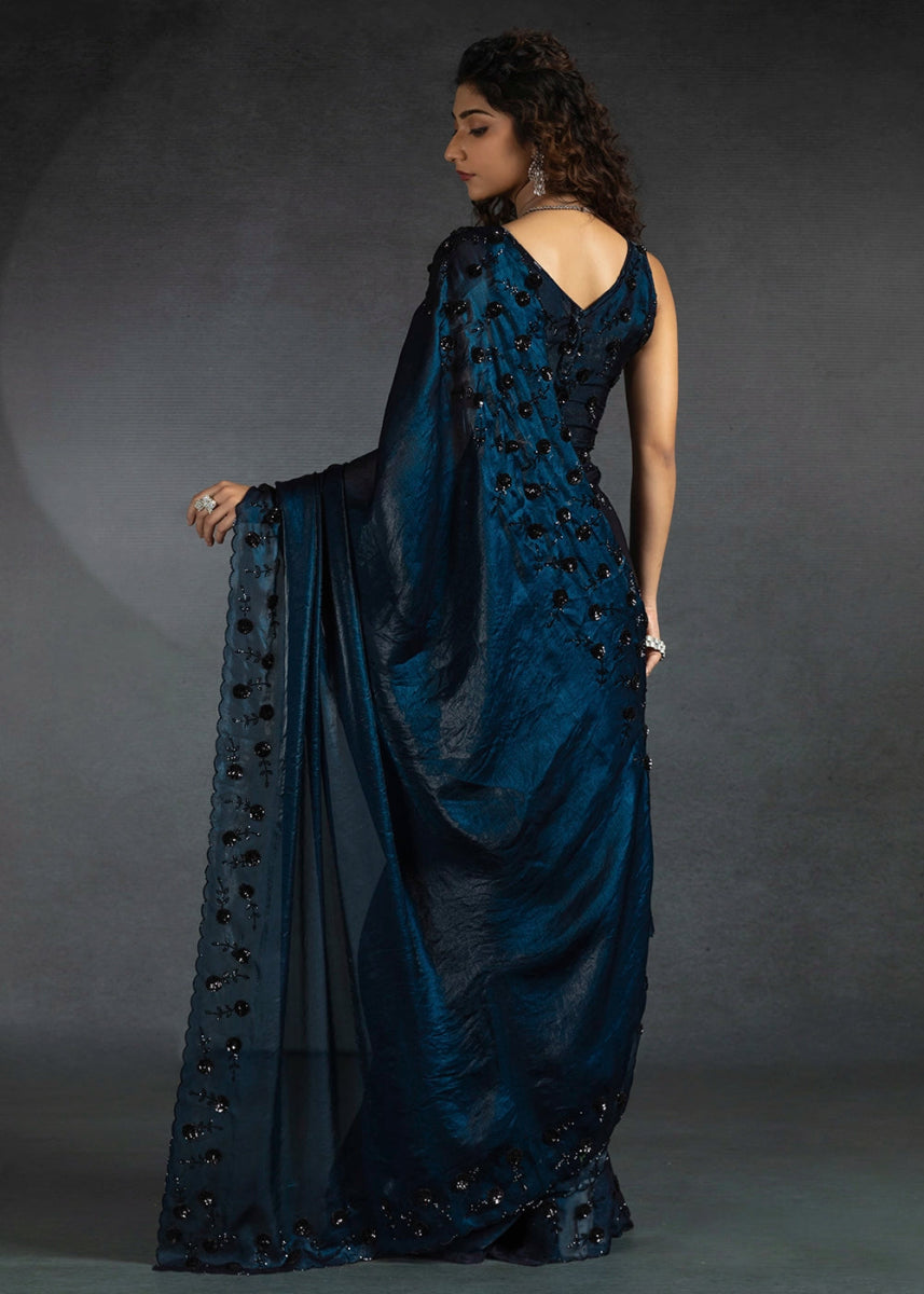 Shades Of Blue Two Tone Satin Silk Saree with Intricate Zarkan & cut work Border - House of Sarvati LLC