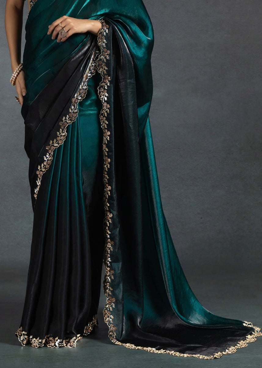Shades Of Blue Two Tone Satin Silk Saree with Intricate Zarkan & cut work Border - House of Sarvati LLC
