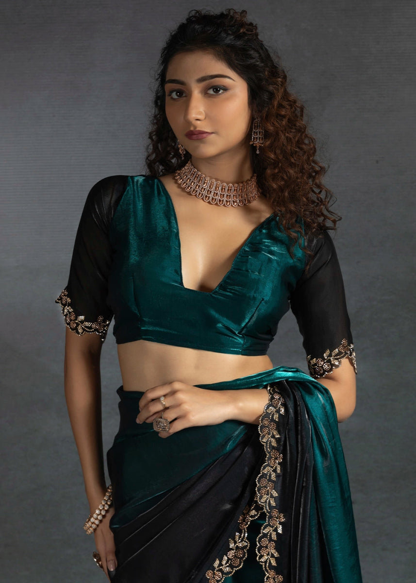 Shades Of Blue Two Tone Satin Silk Saree with Intricate Zarkan & cut work Border - House of Sarvati LLC